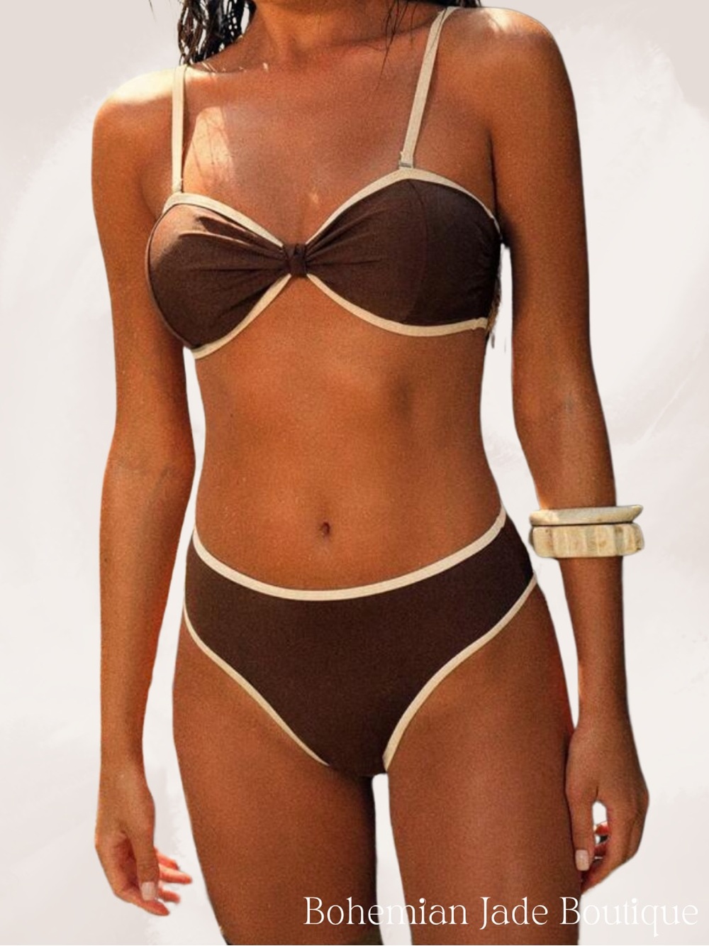 SHEIN Swim Brown Contrast Trim Bikini Set Women’s Medium NWT